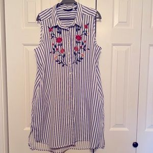 gnw brand sleeveless striped top for women. Blue/white stripes with embroidery.
